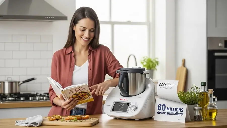 Personne consultant un livre de recettes de cuisine à côté d'un robot cuiseur