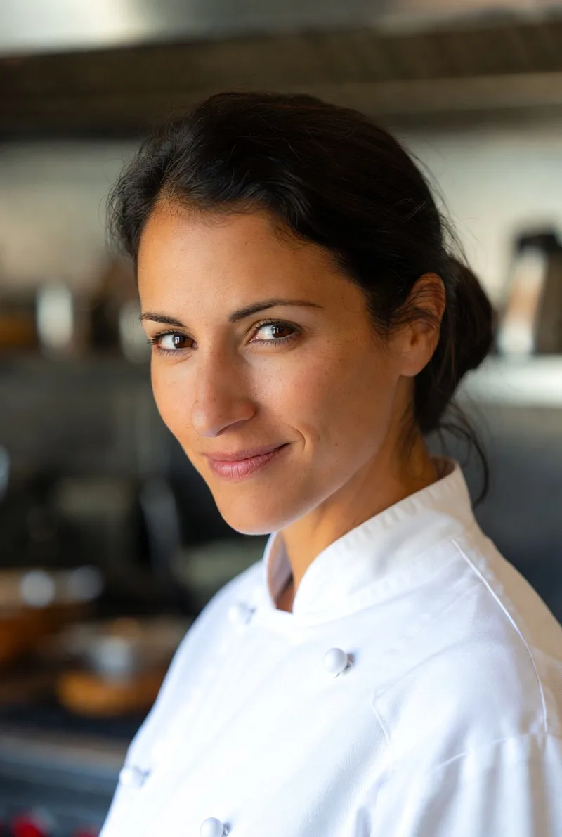 Portrait d'Élise Fabre, cuisinière professionnelle, en veste de cuisine blanche, souriante