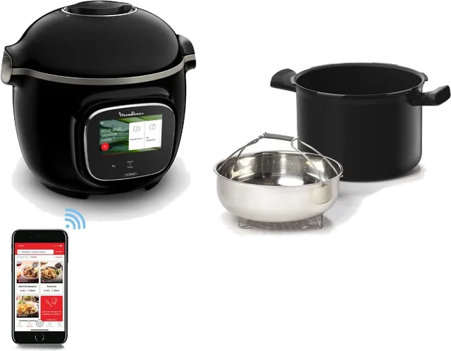 Multicuiseur Moulinex Cookeo Touch Wifi noir avec sa cuve antiadhésive et son panier vapeur inox