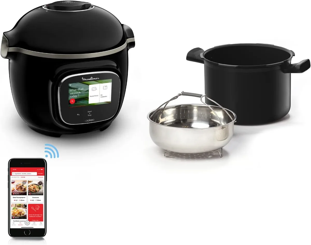 Multicuiseur Moulinex Cookeo Touch Wifi noir avec sa cuve antiadhésive et son panier vapeur inox