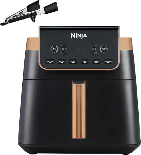 Friteuse sans huile Ninja Air Fryer MAX PRO noire et cuivre avec pinces en silicone